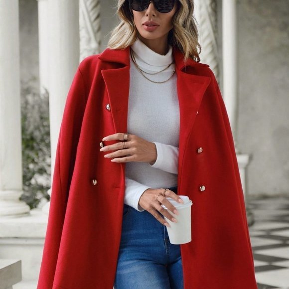 . Jackets & Blazers - Red Casual Womens Lapel Neck Double Breasted Cape Overcoat